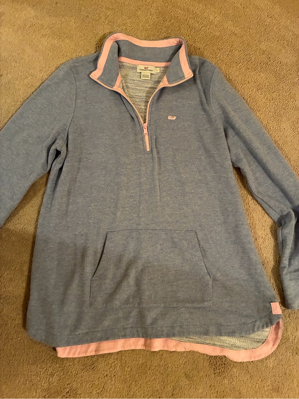 Vineyard Vines Heather Blue Quarter-Zip Pullover with Pink Trim
